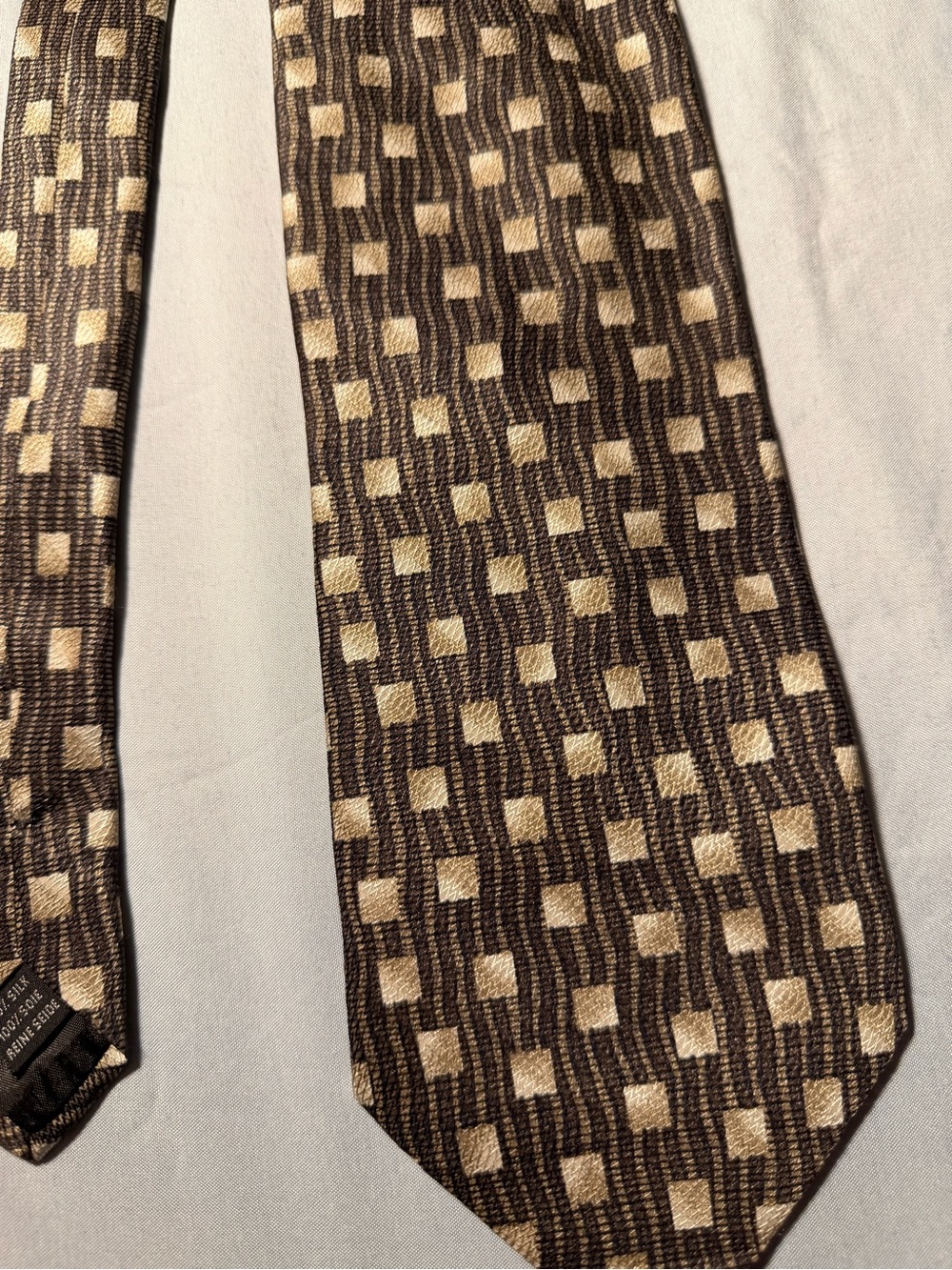Pavone Brown and Cream Checked Geometric Men's Tie. Made in Italy